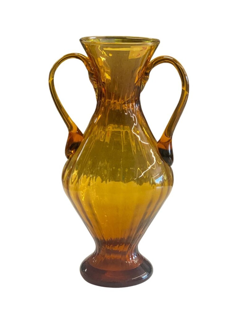 Vintage Amber Glass Vase With Double Handles & Flared Neck
